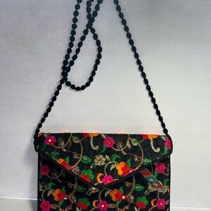 Floral Embroidered Black Clutch